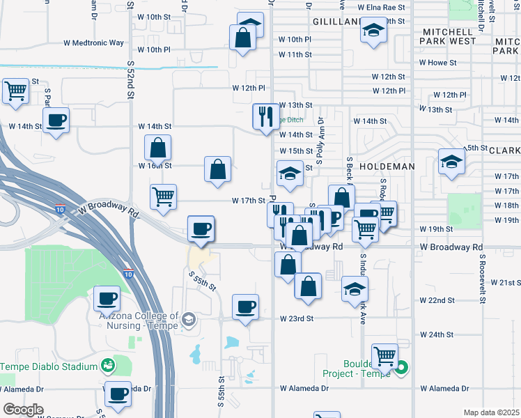map of restaurants, bars, coffee shops, grocery stores, and more near 1720 South Priest Drive in Tempe