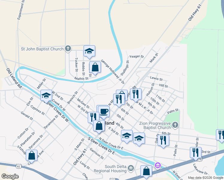 map of restaurants, bars, coffee shops, grocery stores, and more near 201-399 School Park Drive in Leland