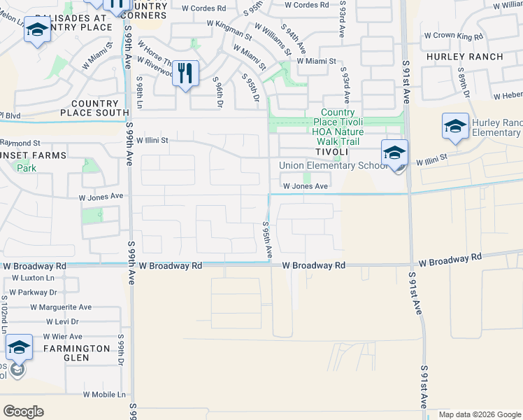 map of restaurants, bars, coffee shops, grocery stores, and more near 9505 West Atlantis Way in Tolleson
