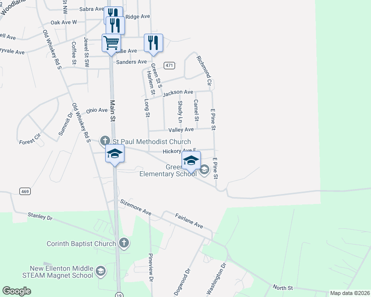 map of restaurants, bars, coffee shops, grocery stores, and more near 407 Hickory Avenue East in New Ellenton