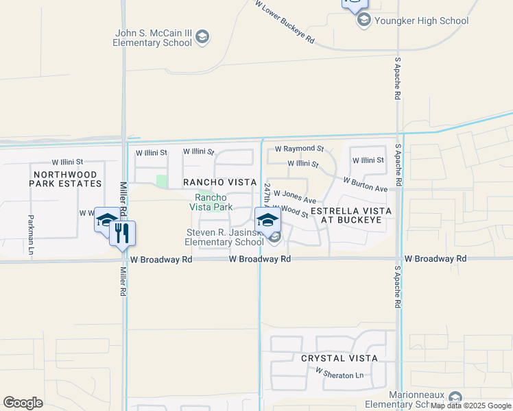 map of restaurants, bars, coffee shops, grocery stores, and more near 4237 South 247th Drive in Buckeye