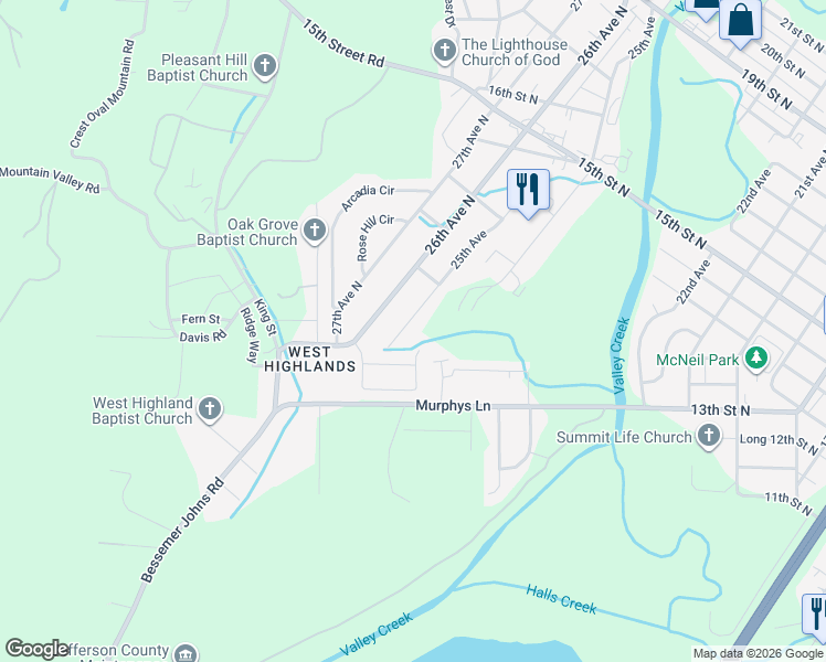 map of restaurants, bars, coffee shops, grocery stores, and more near 1033 25th Avenue in Hueytown