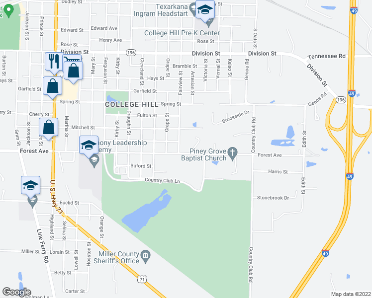 map of restaurants, bars, coffee shops, grocery stores, and more near 2301 Forest Avenue in Texarkana