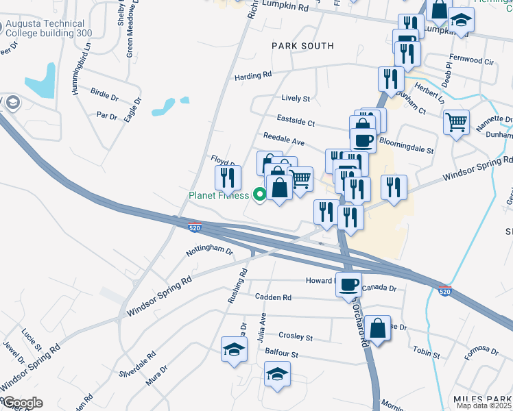 map of restaurants, bars, coffee shops, grocery stores, and more near 2115 Windsor Spring Road in Augusta