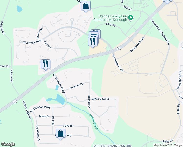 map of restaurants, bars, coffee shops, grocery stores, and more near 1640 Bennett Drive in McDonough