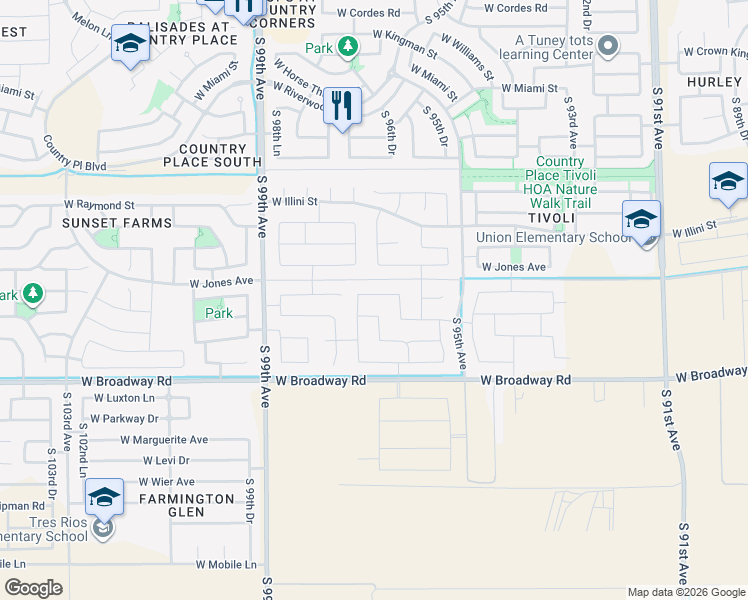 map of restaurants, bars, coffee shops, grocery stores, and more near 9637 West Atlantis Way in Tolleson
