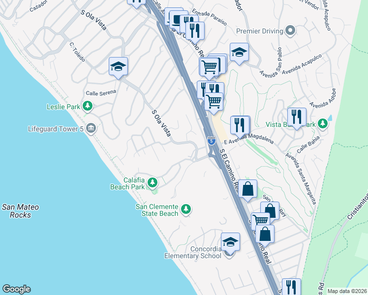 map of restaurants, bars, coffee shops, grocery stores, and more near 2450 South Ola Vista in San Clemente