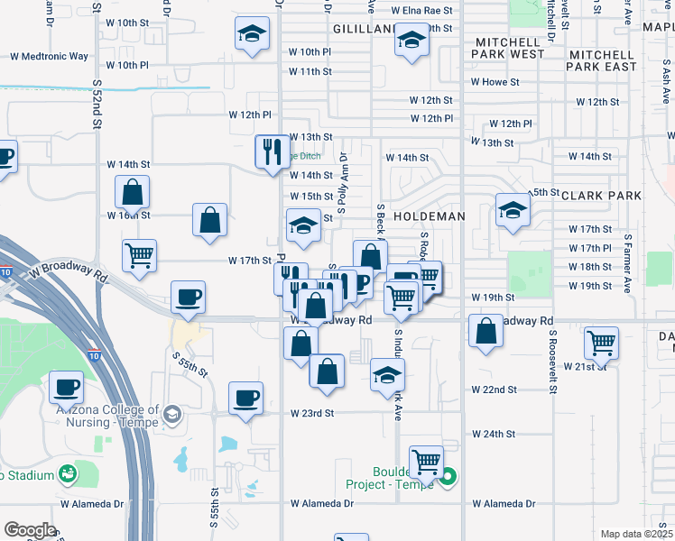 map of restaurants, bars, coffee shops, grocery stores, and more near 1801 South Cutler Drive in Tempe