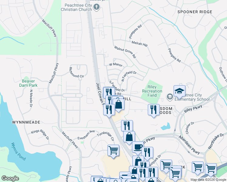 map of restaurants, bars, coffee shops, grocery stores, and more near 108 South Fairfield Drive in Peachtree City
