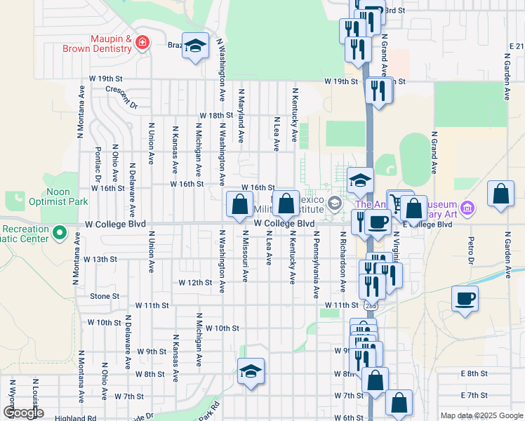 map of restaurants, bars, coffee shops, grocery stores, and more near 1511 North Missouri Avenue in Roswell