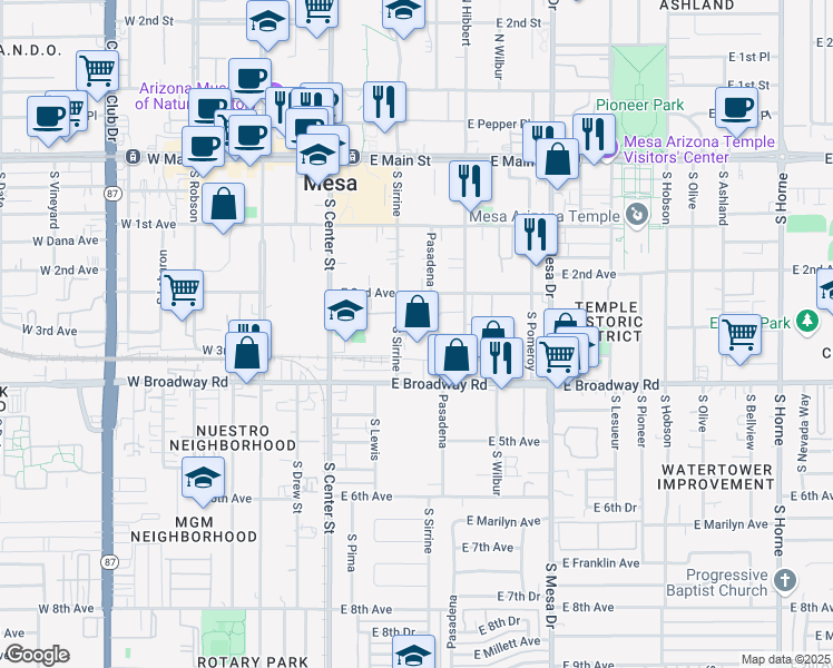 map of restaurants, bars, coffee shops, grocery stores, and more near 243 South Sirrine in Mesa