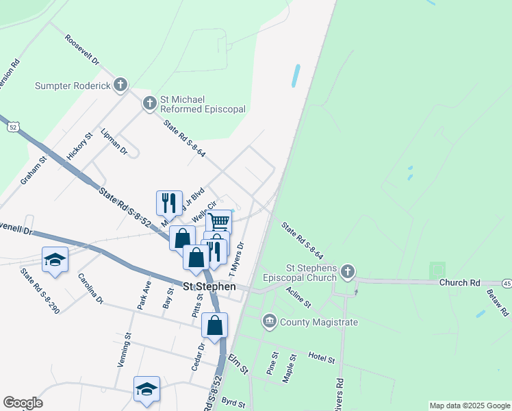 map of restaurants, bars, coffee shops, grocery stores, and more near 166 Roosevelt Drive in Saint Stephen