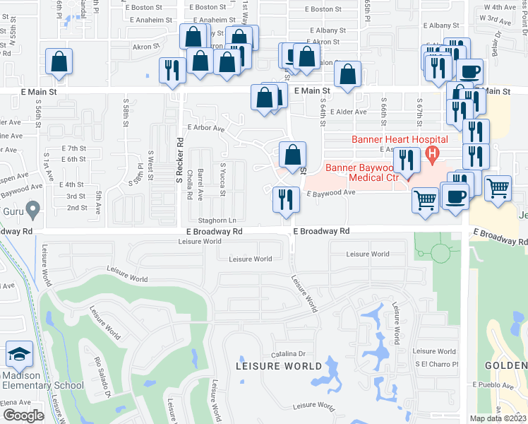 map of restaurants, bars, coffee shops, grocery stores, and more near 6220 East Broadway Road in Mesa