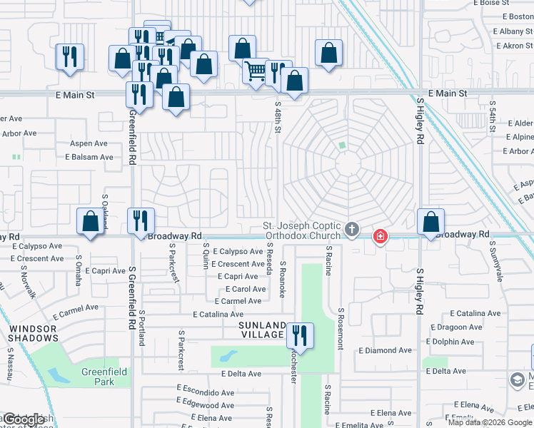 map of restaurants, bars, coffee shops, grocery stores, and more near Mandarin Way in Mesa