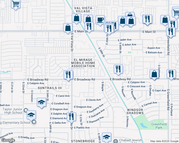 map of restaurants, bars, coffee shops, grocery stores, and more near South 5th Street in Mesa