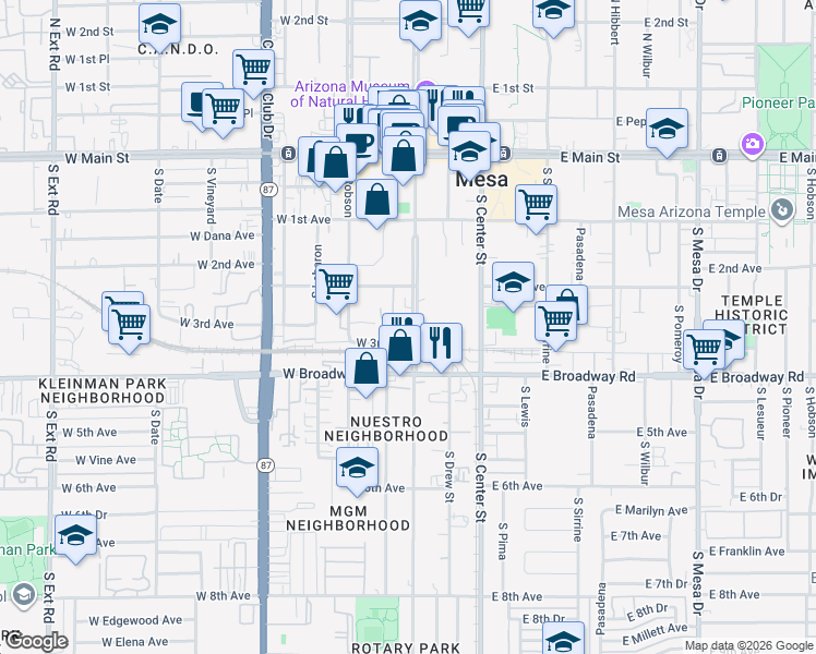 map of restaurants, bars, coffee shops, grocery stores, and more near 240 South Macdonald in Mesa