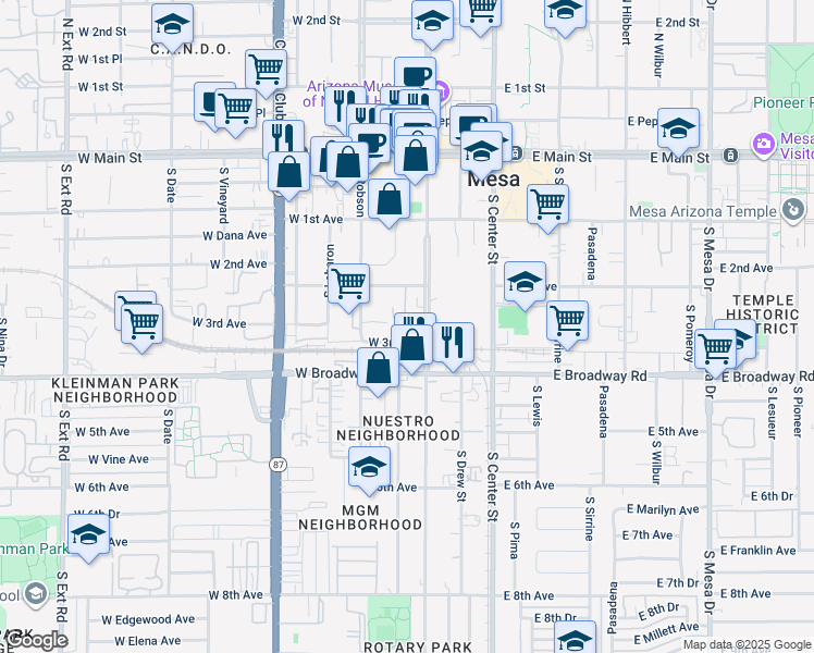 map of restaurants, bars, coffee shops, grocery stores, and more near 265 South Robson in Mesa