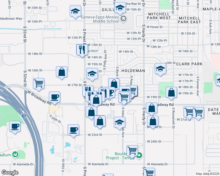 map of restaurants, bars, coffee shops, grocery stores, and more near 1728 South Shafer Drive in Tempe