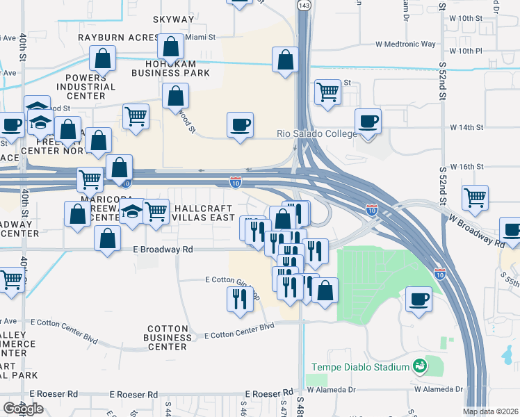 map of restaurants, bars, coffee shops, grocery stores, and more near 4634 East Southgate Avenue in Phoenix