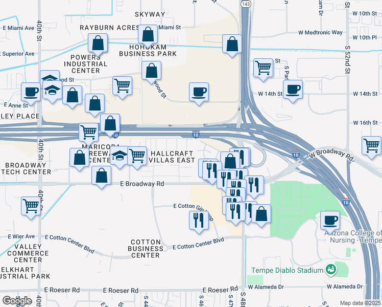 map of restaurants, bars, coffee shops, grocery stores, and more near 4530 East Riverside Street in Phoenix