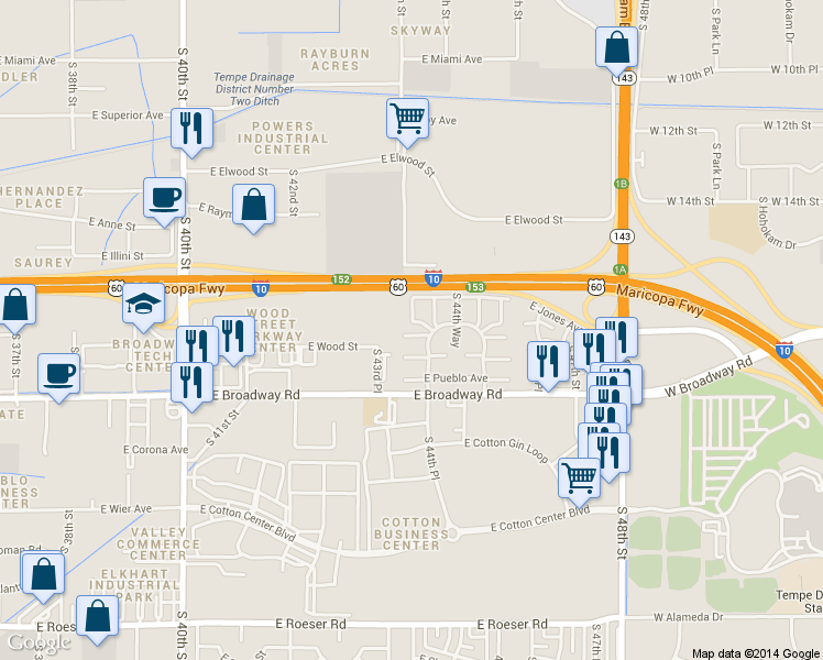 map of restaurants, bars, coffee shops, grocery stores, and more near 4404 East Riverside Street in Phoenix