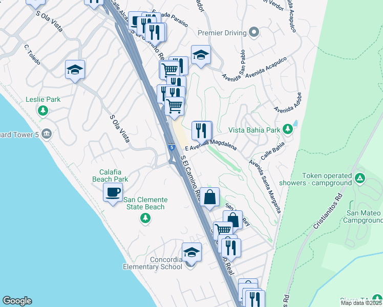 map of restaurants, bars, coffee shops, grocery stores, and more near 2501 South El Camino Real in San Clemente