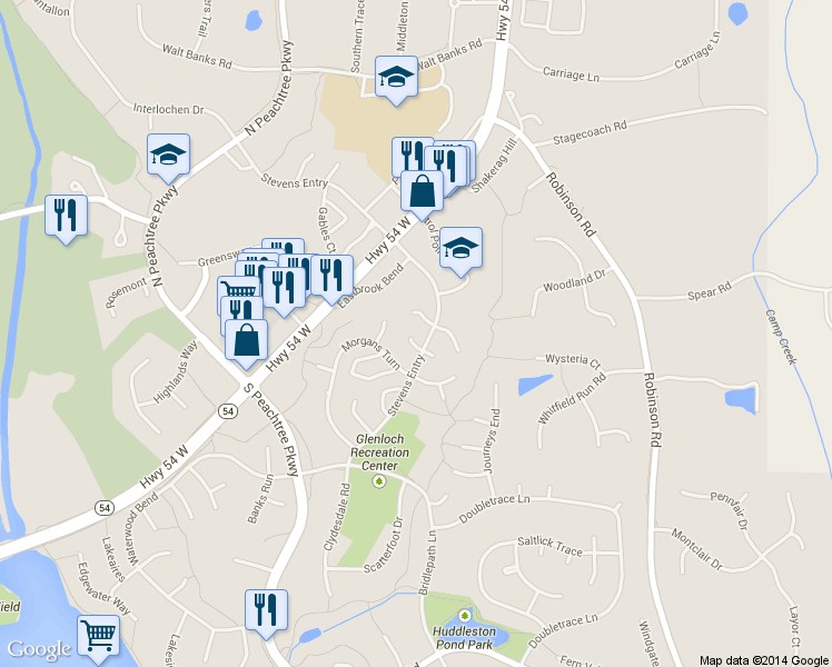 map of restaurants, bars, coffee shops, grocery stores, and more near 106 Clearview Drive in Peachtree City