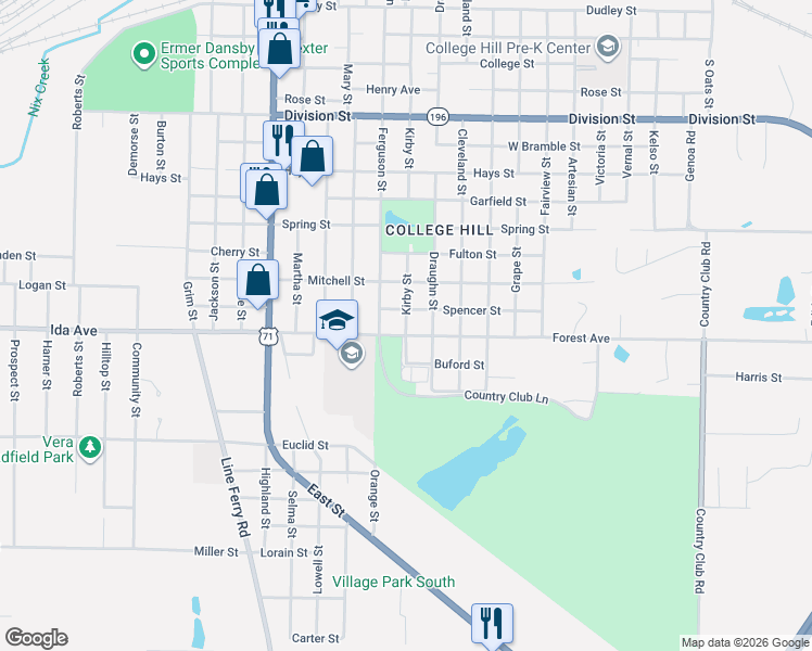 map of restaurants, bars, coffee shops, grocery stores, and more near 1242-1298 Kirby Street in Texarkana