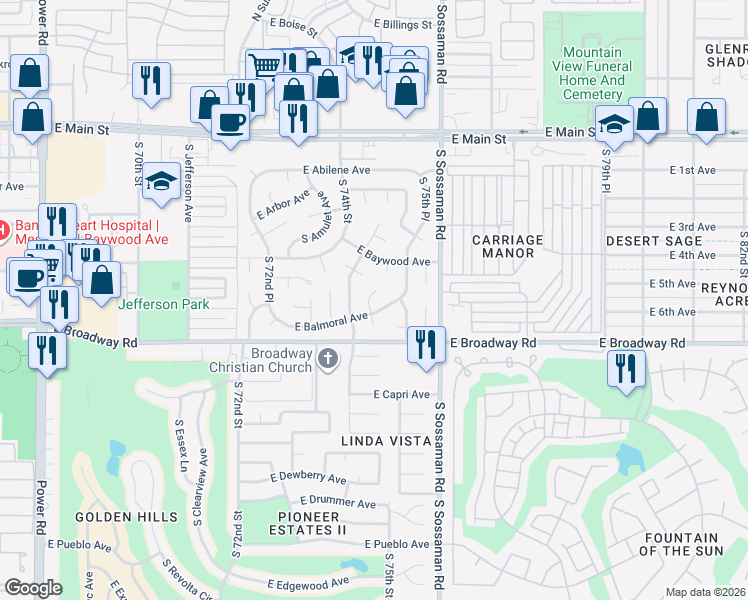 map of restaurants, bars, coffee shops, grocery stores, and more near 325 South 74th Way in Mesa