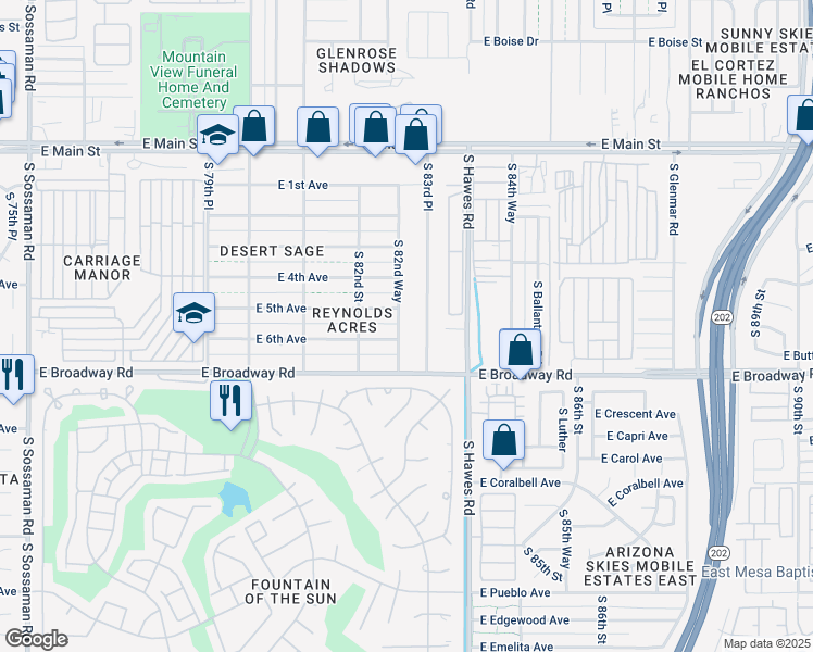 map of restaurants, bars, coffee shops, grocery stores, and more near 315 South 82nd Way in Mesa
