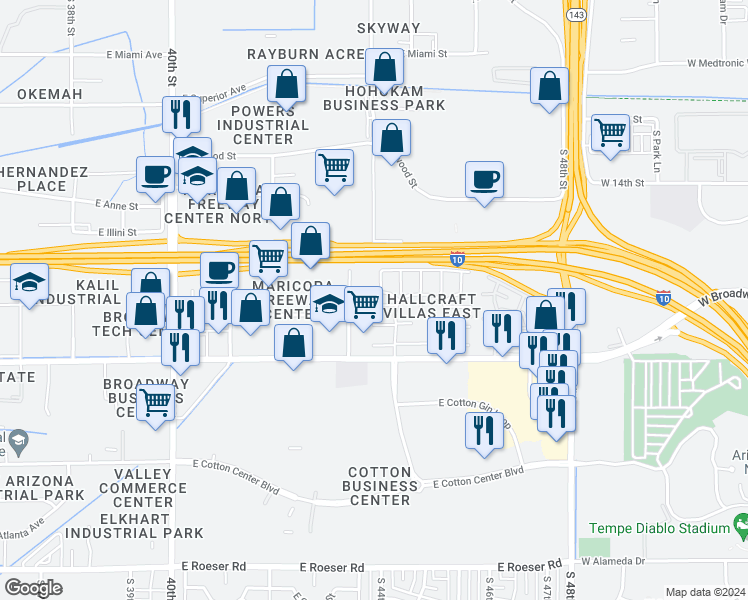 map of restaurants, bars, coffee shops, grocery stores, and more near 4406 East Riverside Street in Phoenix