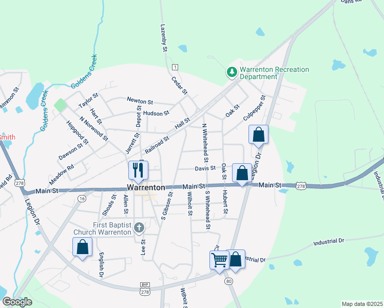 map of restaurants, bars, coffee shops, grocery stores, and more near 160 North Gibson Street in Warrenton