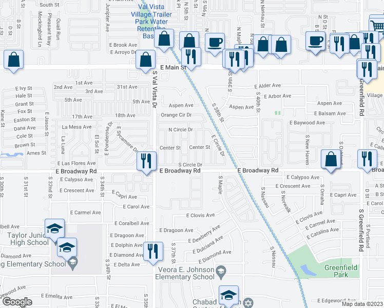 map of restaurants, bars, coffee shops, grocery stores, and more near South 5th Street in Mesa