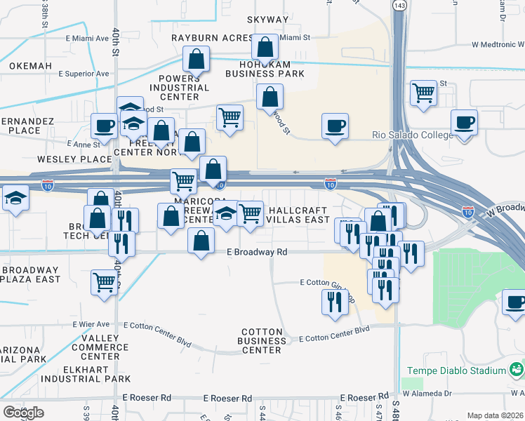 map of restaurants, bars, coffee shops, grocery stores, and more near 4404 East Riverside Street in Phoenix