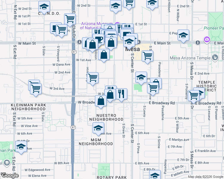 map of restaurants, bars, coffee shops, grocery stores, and more near 240 South Macdonald in Mesa