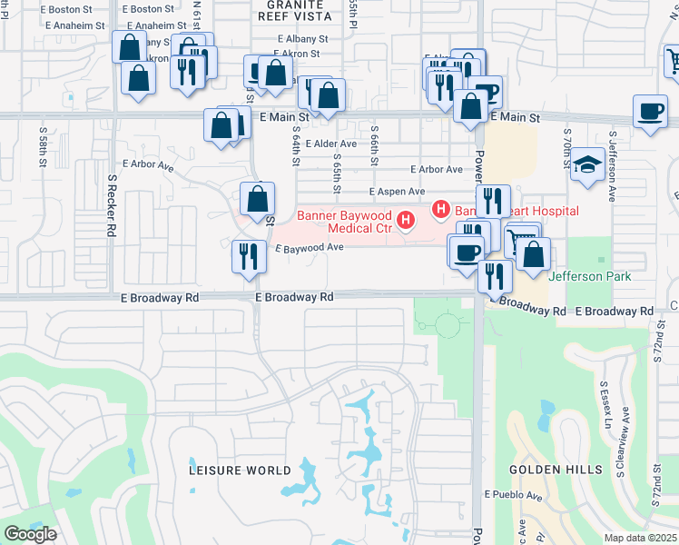 map of restaurants, bars, coffee shops, grocery stores, and more near 6458 East Broadway Road in Mesa