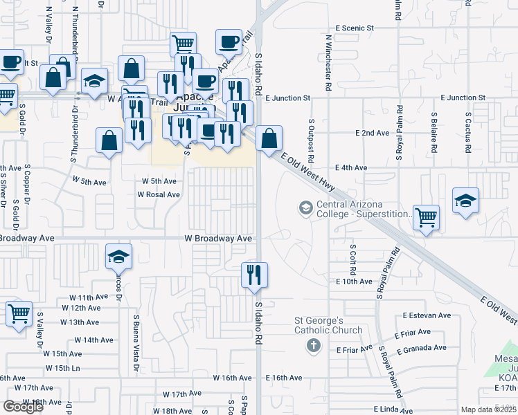 map of restaurants, bars, coffee shops, grocery stores, and more near 607 South Idaho Road in Apache Junction
