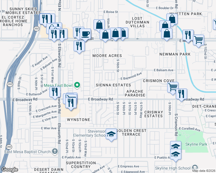 map of restaurants, bars, coffee shops, grocery stores, and more near 318 South Aaron in Mesa