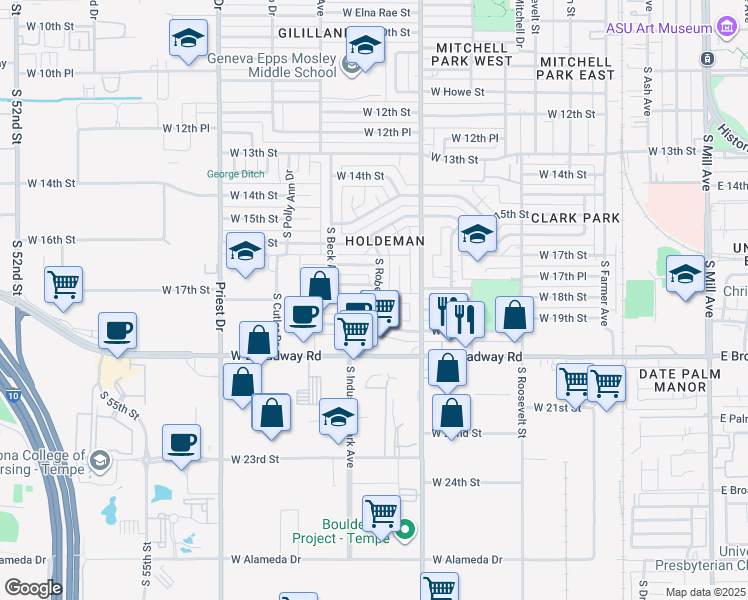 map of restaurants, bars, coffee shops, grocery stores, and more near 1806 South Roberts Road in Tempe
