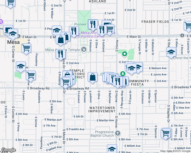 map of restaurants, bars, coffee shops, grocery stores, and more near 625 East 3rd Avenue in Mesa