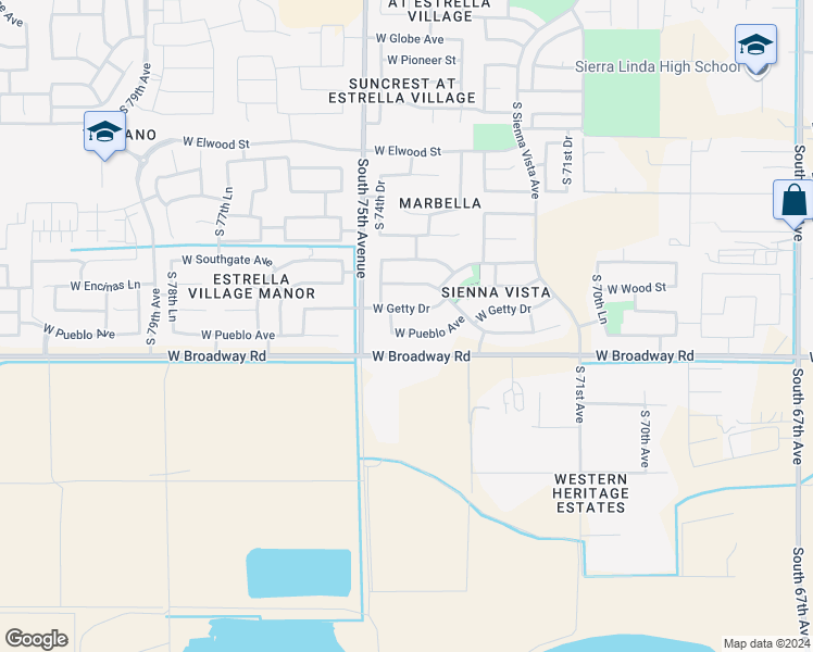 map of restaurants, bars, coffee shops, grocery stores, and more near 7410 West Pueblo Avenue in Phoenix
