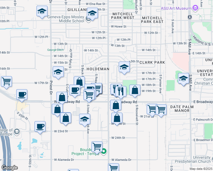 map of restaurants, bars, coffee shops, grocery stores, and more near 1776 South Hardy Drive in Tempe