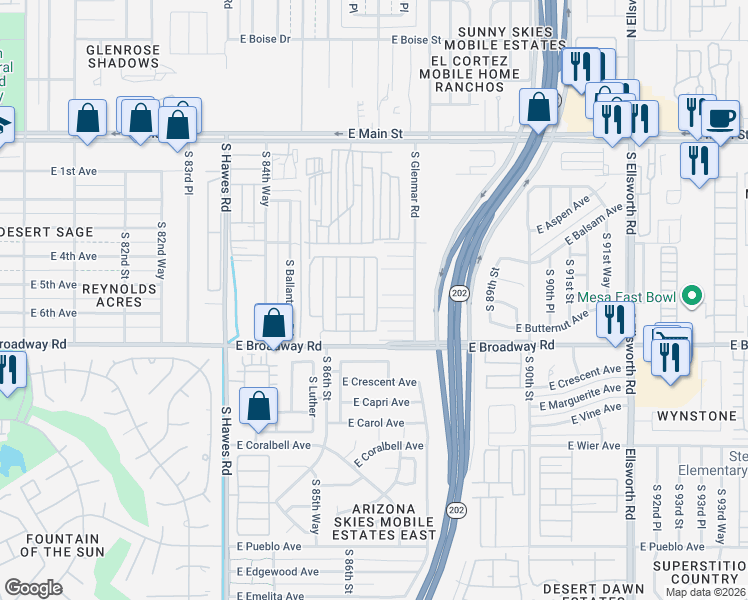 map of restaurants, bars, coffee shops, grocery stores, and more near 8701 East Myrtle Street in Mesa