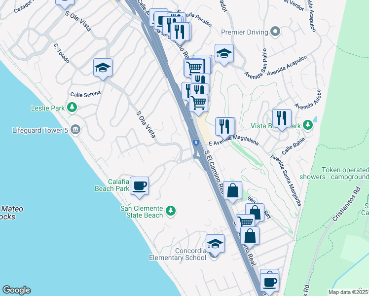 map of restaurants, bars, coffee shops, grocery stores, and more near 2483 South Ola Vista in San Clemente