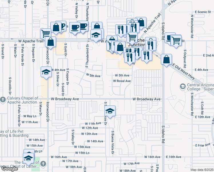 map of restaurants, bars, coffee shops, grocery stores, and more near 786 West Datil Avenue in Apache Junction