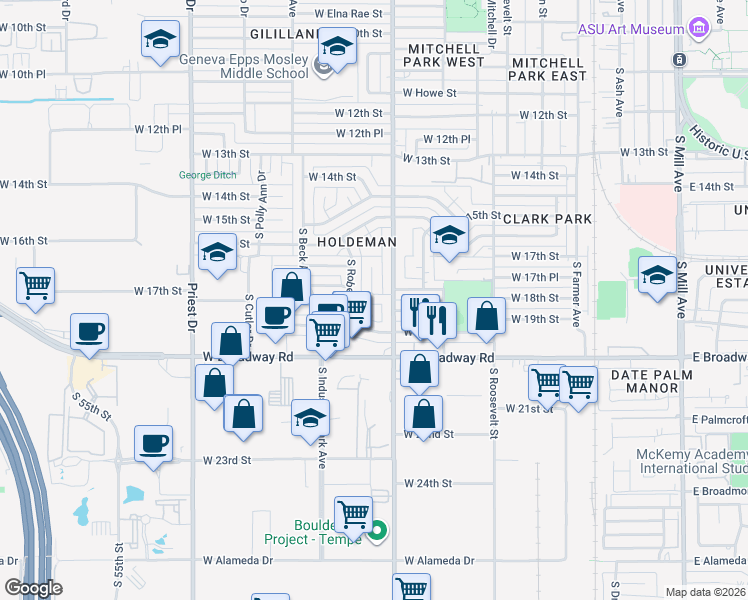 map of restaurants, bars, coffee shops, grocery stores, and more near 1776 South Hardy Drive in Tempe