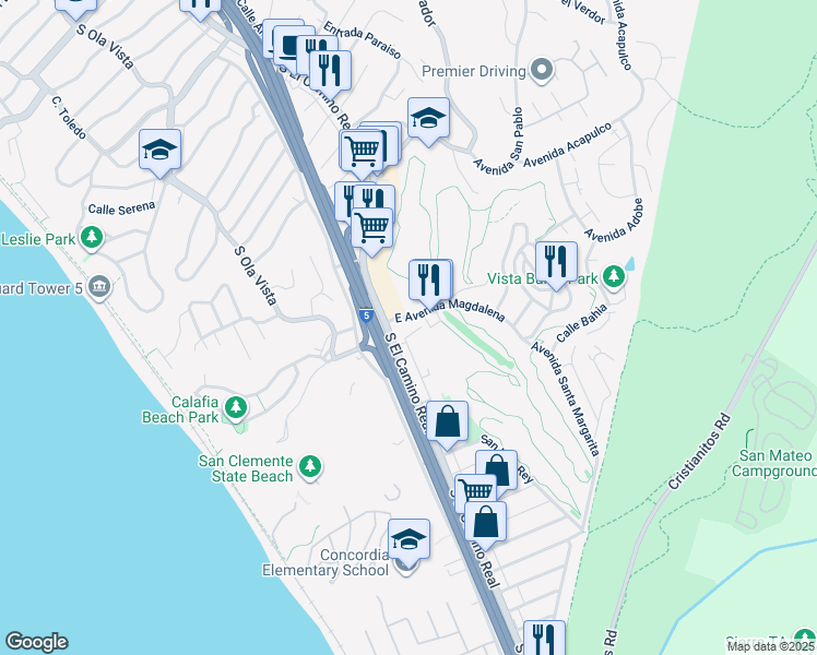 map of restaurants, bars, coffee shops, grocery stores, and more near El Camino Real in San Clemente