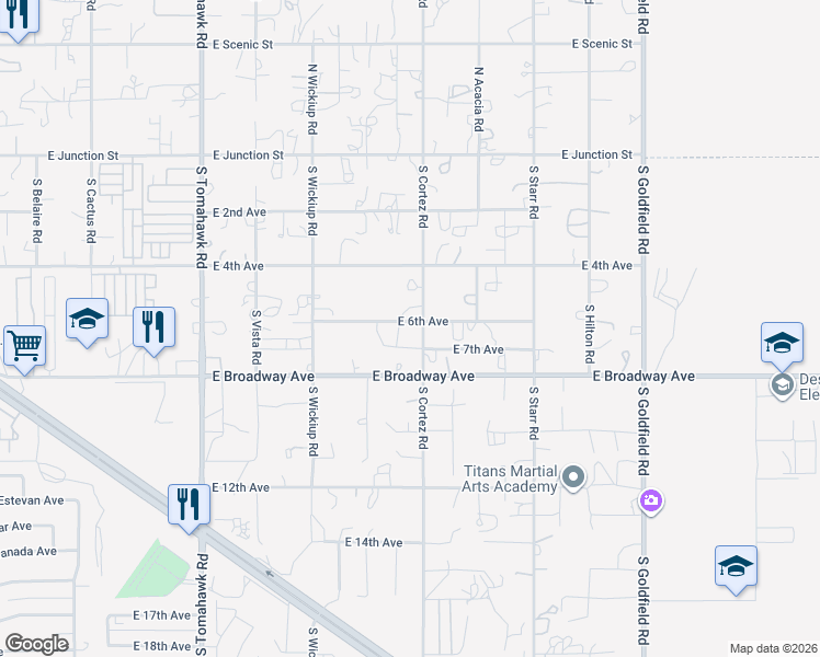 map of restaurants, bars, coffee shops, grocery stores, and more near 623 S Conestoga Rd in Apache Junction