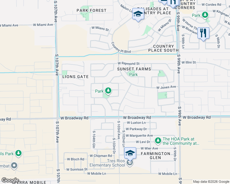 map of restaurants, bars, coffee shops, grocery stores, and more near 10337 West Atlantis Way in Tolleson