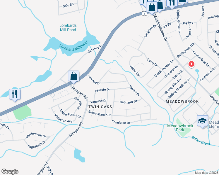 map of restaurants, bars, coffee shops, grocery stores, and more near 2925 Celeste Drive in Hephzibah